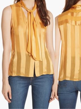 Alice + Olivia Gwenda Shadow Stripe Tie Neck Blouse Mustard Yellow Orange S